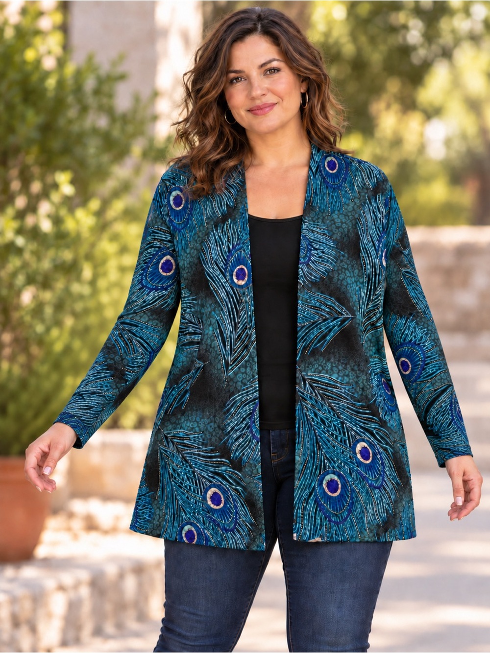 JM Collection Teal & Blue Peacock Print Attached Top Open Front Cardigan Size 3X
